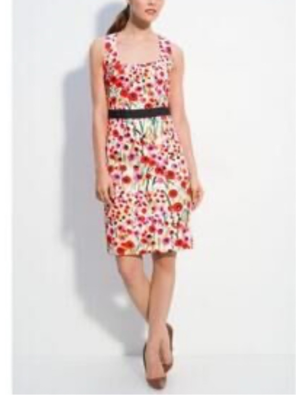 Milly Floral Sleeveless Midi Dress with Poppy Print and Black Waistband